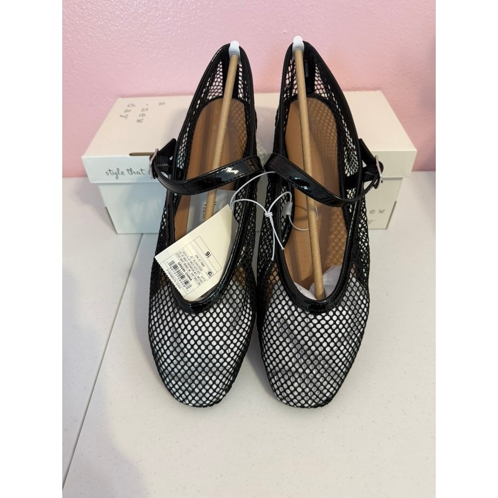 A New Day Issa Flats Jet Black Mesh Mary Jane Ballet Shoes 9.5 Memory Foam NIB